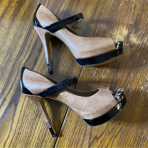 JESSICA SIMPSON Platform Heels Size 9B Brown Leather Black Patent Snakeskin Trim - Picture 7 of 11